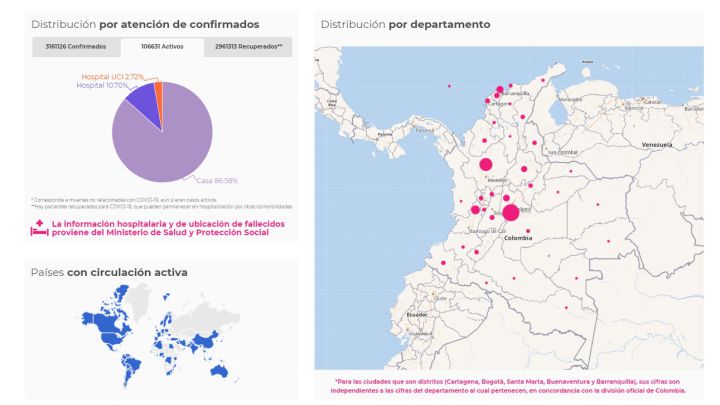 Mapa del coronavirus en Colombia del 19 de mayo de 2021. El Ministerio de Salud informa que hay más de 16.500 nuevos casos en estas 24 horas.