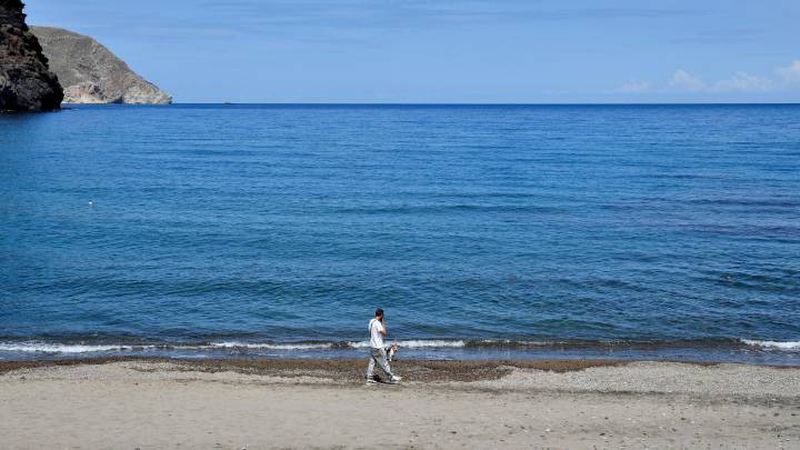  Un hombre pasea con su perro en la playa de Las Negras, en el municipio almeriense de Níjar.
