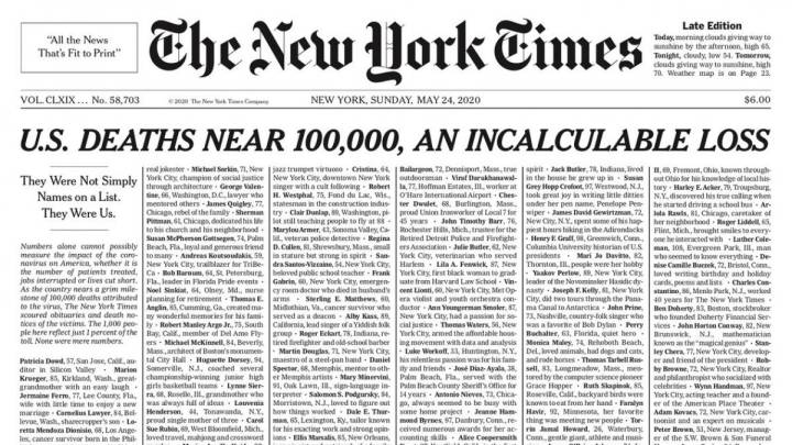 El homenaje del New York Times: mil nombres de muertos por coronavirus en su portada