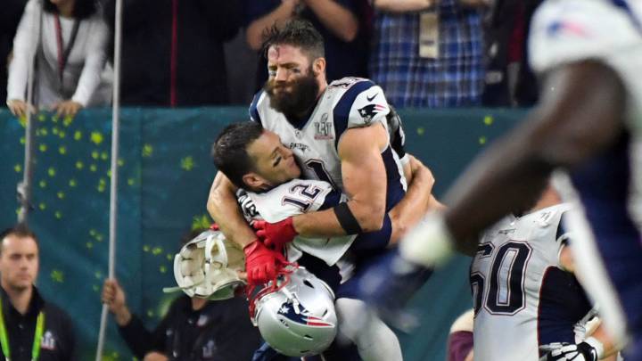 Feb 5, 2017; Houston, TX, USA; New England Patriots wide receiver Julian Edelman (11) and Tom Brady (12) celebrate after winning Super Bowl LI