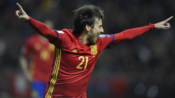 David Silva celebrates his and Spain's first goal against Israel.