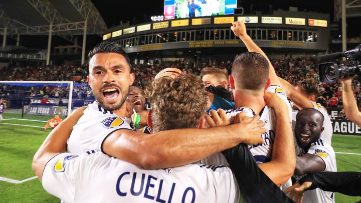 LA Galaxy players celebrating reaching Leagues Cup semifinals after beating Club Tijuana in penalties