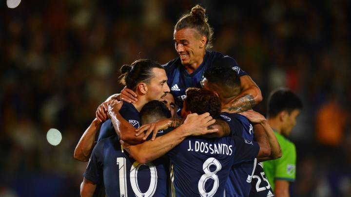 Zlatan Ibrahimovic is congratulated after scoring a second half goal against the Seattle Sounders at StubHub Center.