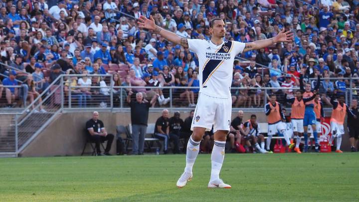 Los Angeles Galaxy forward Zlatan Ibrahimovic (9) celebrates after scoring on a free kick against the San Jose Earthquakes during the first half at Stanford Stadium.