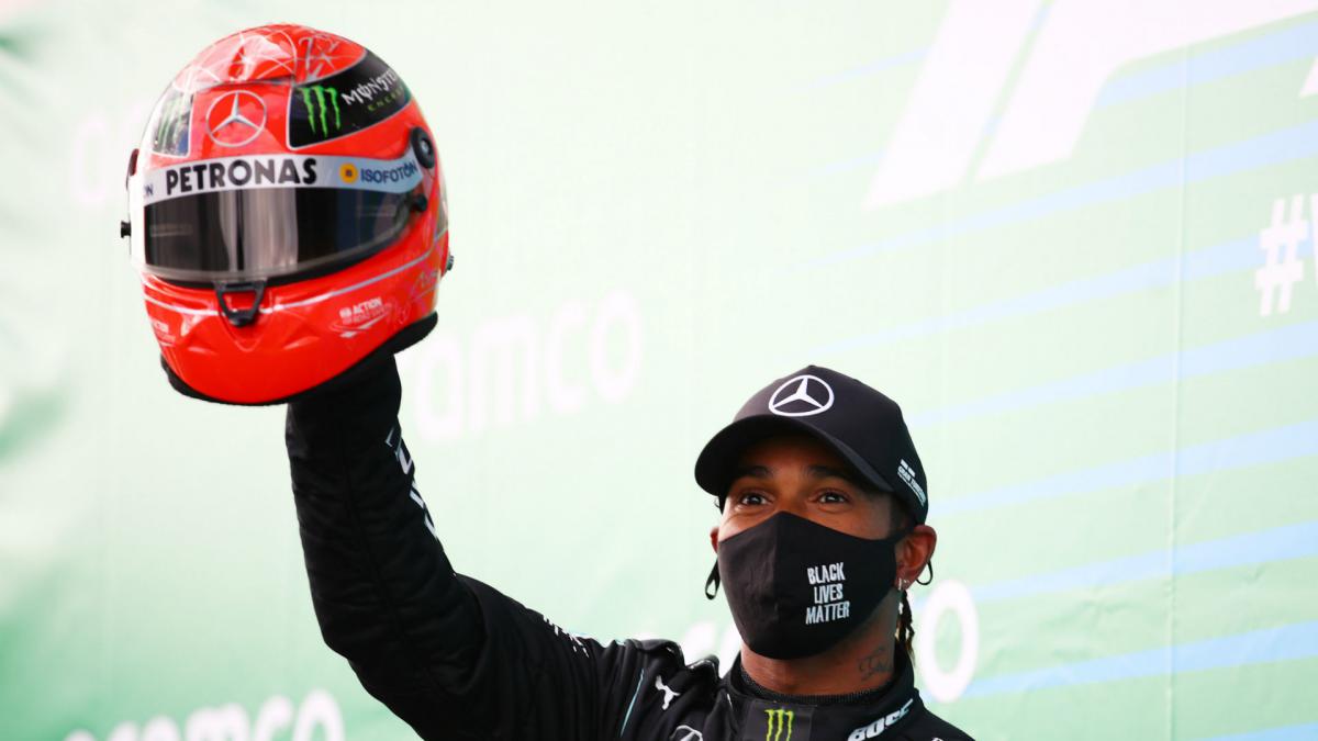 Lewis Hamilton Presented With Schumacher S Helmet After Equalling 91 Wins Record As Com