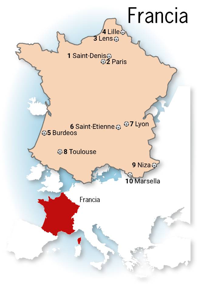 Mapa de Francia con los estadios de la Eurocopa.