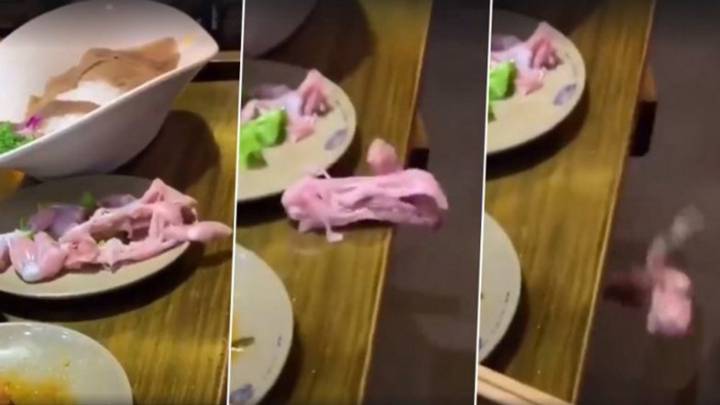 ¡Insólito! Un trozo de pollo crudo se mueve y ‘escapa’ de su plato