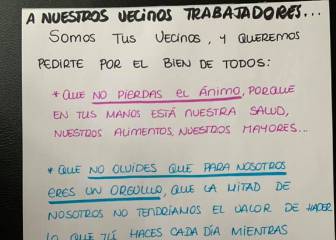 El cartel de ánimo hacia los vecinos que trabajan en hospitales y supermercados