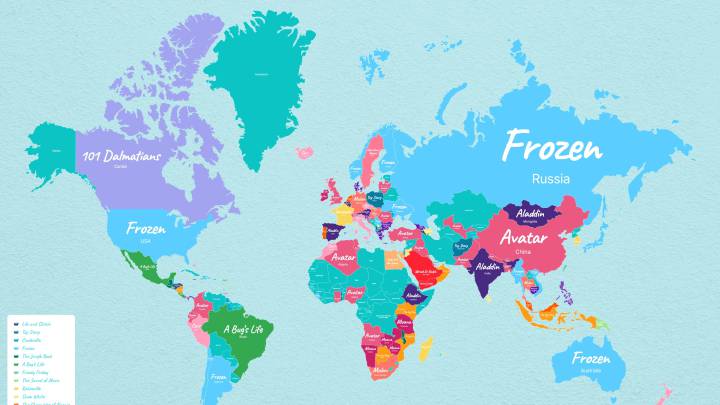 Este mapa muestra las películas de Disney preferidas en cada país