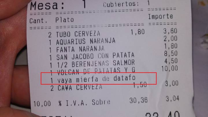La cuenta en un restaurante de Córdoba que se ha hecho viral por un detalle escatológico