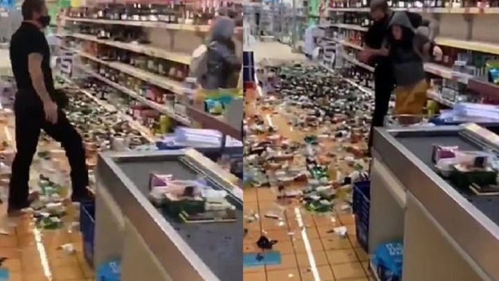 Impactante vídeo en el que una mujer rompe cientos de botellas de alcohol en un supermercado