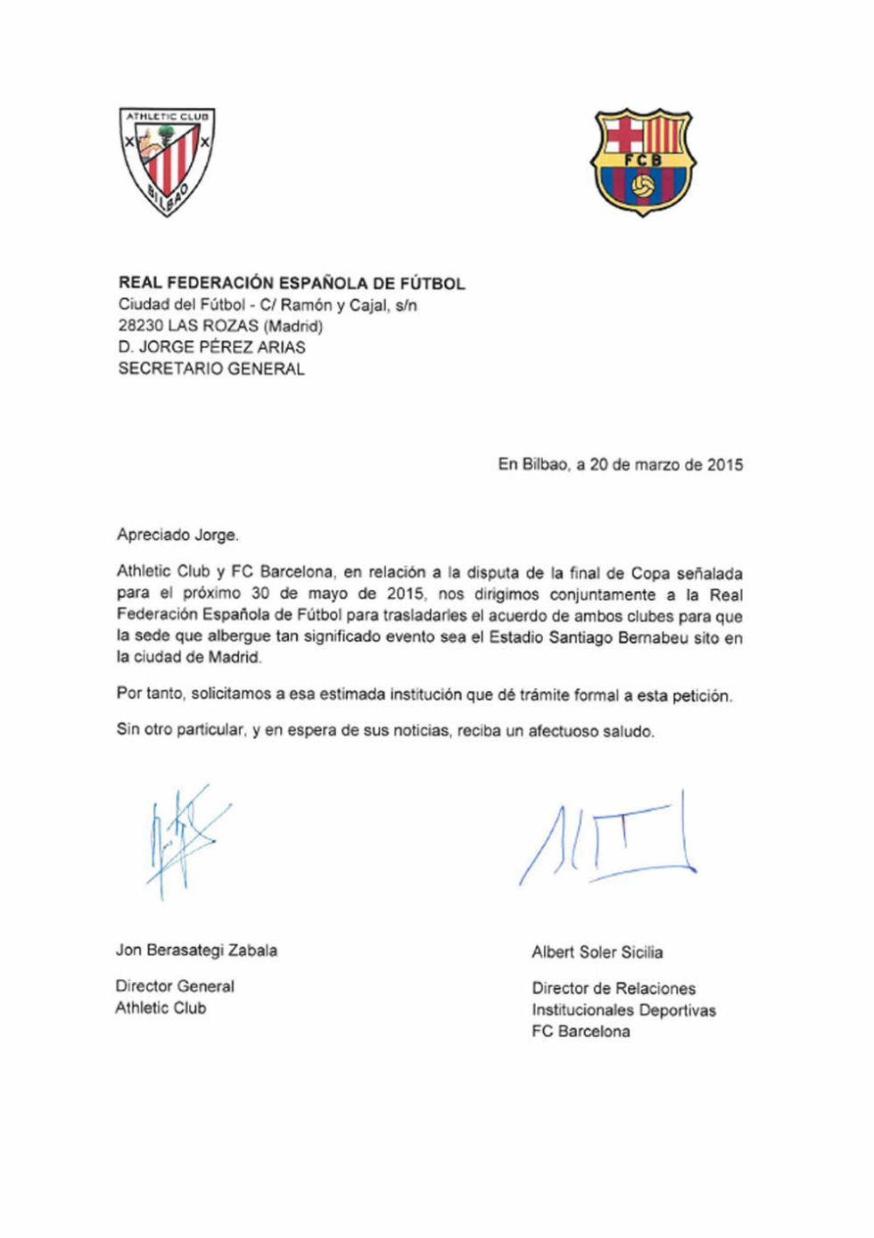 Athletic y Barça piden a la FEF por carta la final en el 