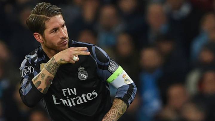 Real Madrid's defender Sergio Ramos celebrates after scoring during the UEFA Champions League football match SSC Napoli vs Real Madrid on March 7, 2017 at the San Paolo stadium in Naples.