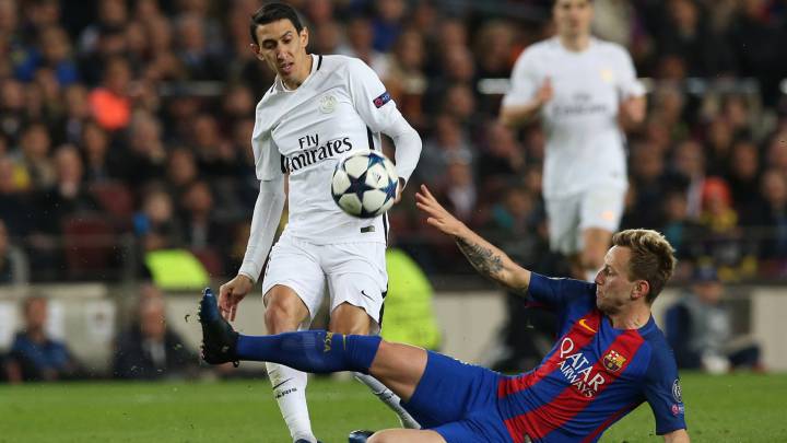 Di María y Rakitic en el último partido de Champions entre el Barça y el PSG.