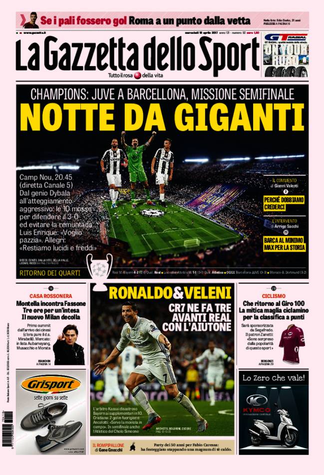Portada de 'La Gazzetta dello Sport' del miércoles, 19 de abril de 2017.