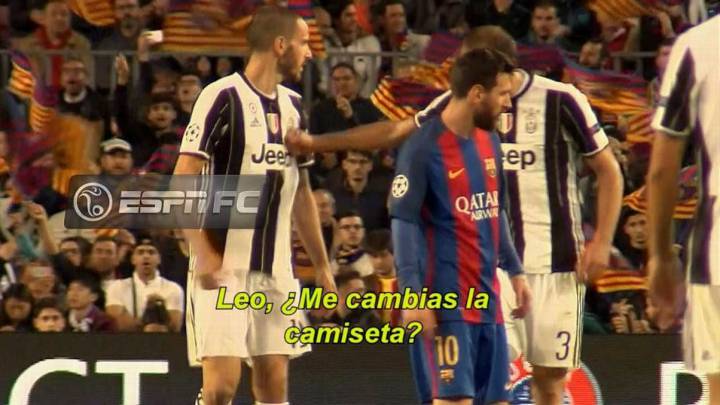 Chiellini reprocha a Bonucci que le pida la camiseta a Messi.