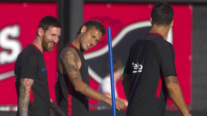 Entrenamiento del FC Barcelona en Miami, con Lionel Messi, Neymar da Silva Jr y Luis Suárez.