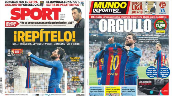 Portadas de los diarios Sport y Mundo Deportivo del día 16 de agosto de 2017.