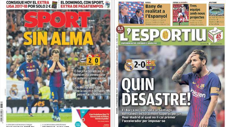 Portadas de los diarios Sport y L'Esportiu del día 17 de agosto de 2017.