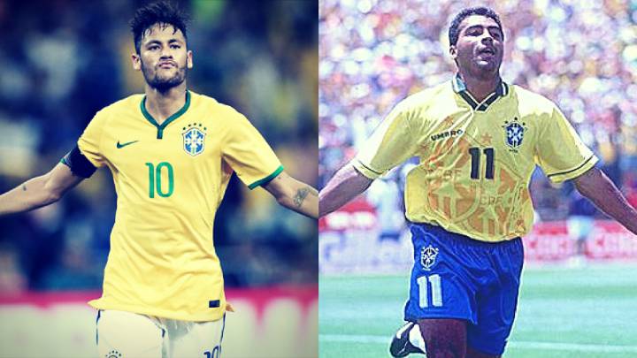 Neymar y Romario celebran goles con la camiseta de la selección brasileña.