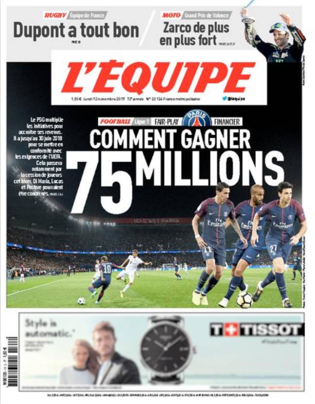Portada de 'L'Équipe' del lunes, 13 de noviembre de 2017.