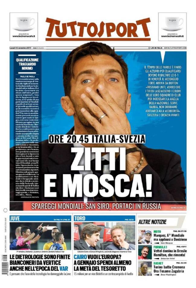 Portada del diario italiano Tuttosport del día 13 de noviembre de 2017.