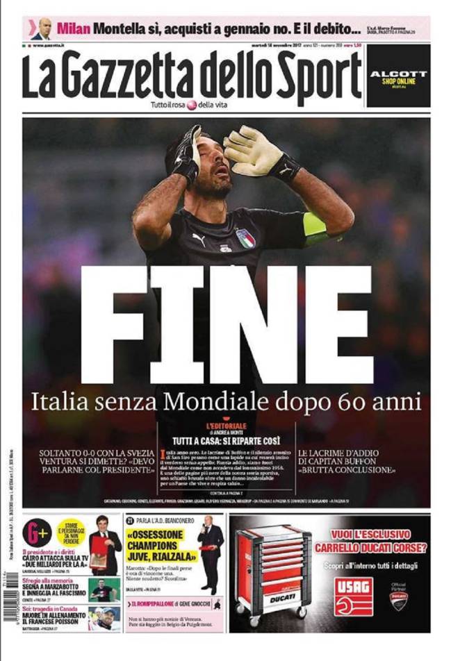 Portada de La Gazzetta dello Sport del día 14 de noviembre de 2017.