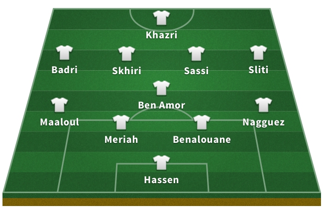 Alineación de Túnez en el Mundial 2018: Hassen; Nagguez, Benalouane, Meriah, Maaloul; Ben Amor, Sliti, Sassi, Skhiri; Badri; Khari.