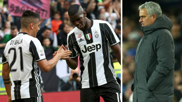 A la izquierda, Dybala y Pogba celebran un gol de la Juventus; a la derecha, José Mourinho.