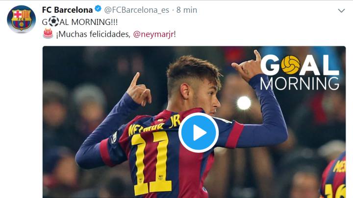 Tuit del Barcelona felicitando al Neymar por su cumpleaños.