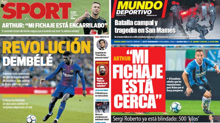 Portadas de 'Sport' y 'Mundo Deportivo' del viernes 23 de febrero de 2018.