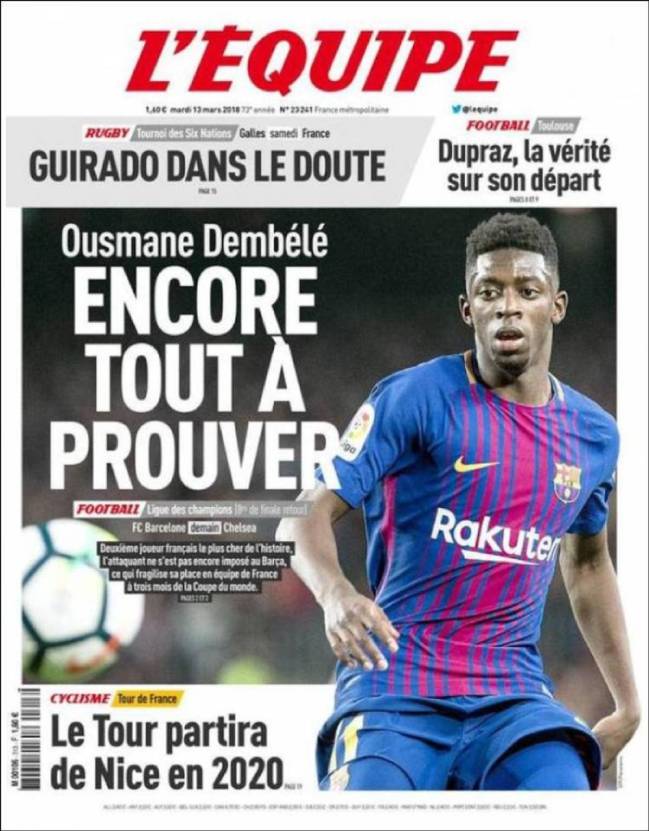 Ousmane Dembélé (Barcelona), en la portada del diario L'Equipe del día 13 de marzo de 2018.