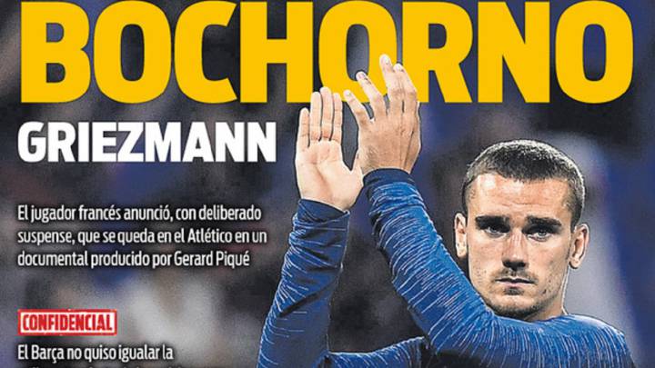 Portada del diario Sport del 15 de junio de 2018, con protagonismo para Antoine Griezmann y su decisión de renunciar al Barcelona y quedarse en el Atlético de Madrid.