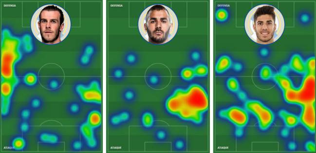 A heat map of Gareth Bale, Karim Benzema and Marco Asensio's activity against Getafe in Sunday's opening-weekend LaLiga fixture.