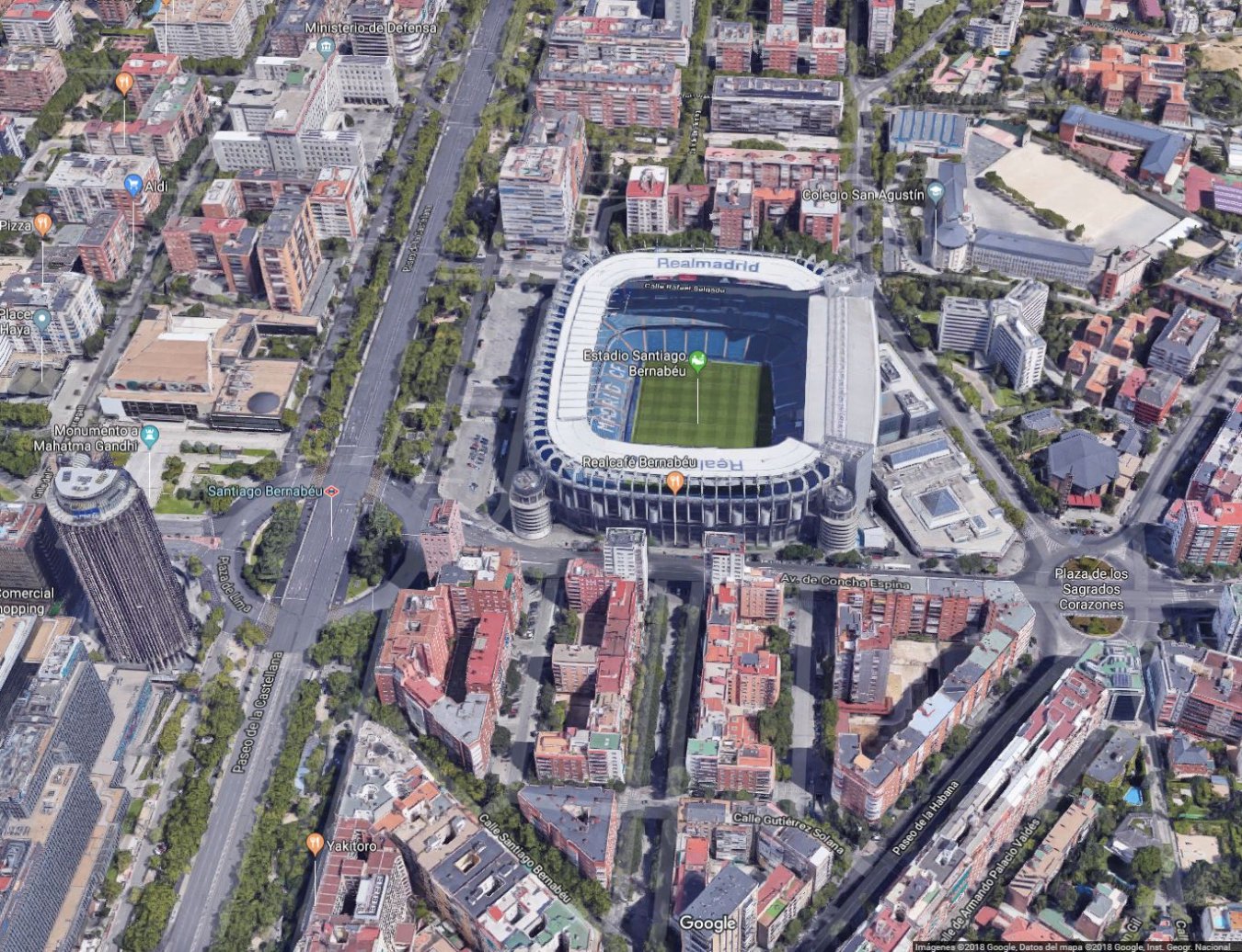 Vista aérea actual de la zona del estadio Santiago Bernabéu.