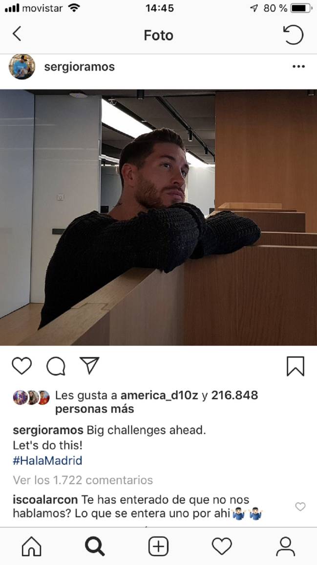 Publicación de Sergio Ramos a la que contesta, irónicamente, Isco Alarcón.