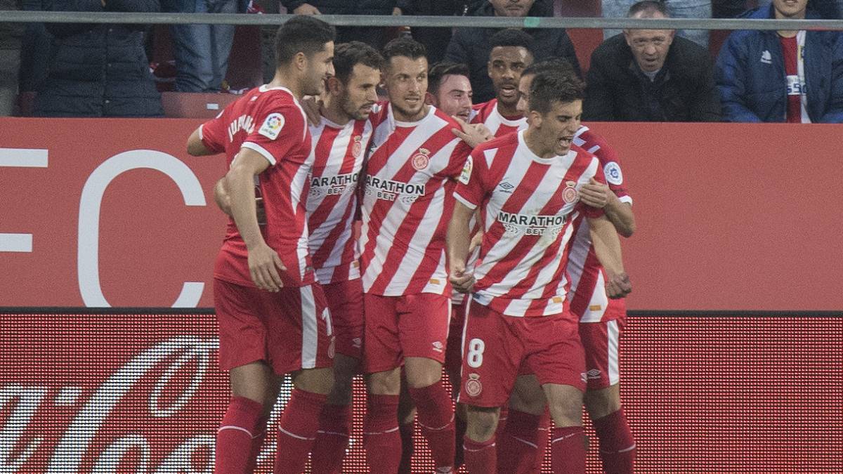 Los jugadores del Girona celebran un gol en la temporada.