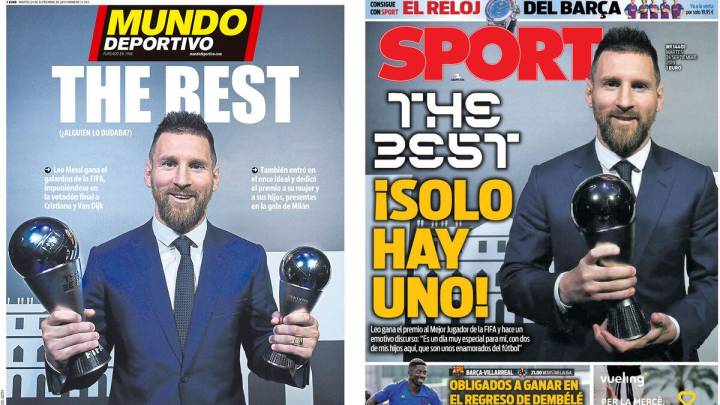 Portadas de Mundo Deportivo y Sport del 24 de septiembre de 2019 con Leo Messi y el premio The Best como protagonistas.