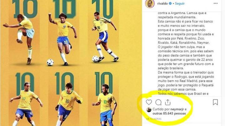 Rivaldo critica que Paquetá lleve el 10 de Brasil y Neymar alimenta la polémica
