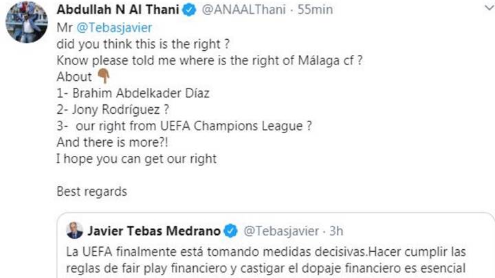 Al Thani, a Tebas: "¿Dónde están los derechos del Málaga?"