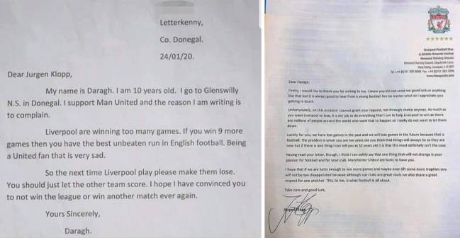 Las cartas que se enviaron Daragh y el entrenador del Liverpool, Jürgen Klopp.