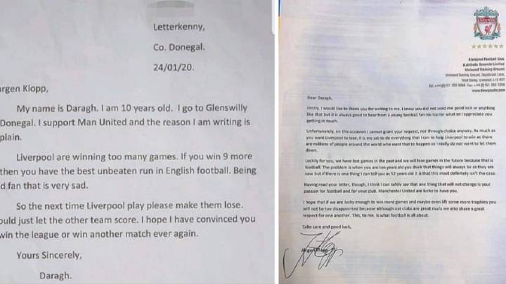 Liverpool Klopp S Letter To 10 Year Old United Fan Who Begs Him