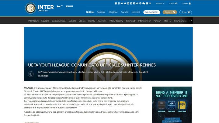 El Inter renuncia a la Youth League y se suspende la Serie D
