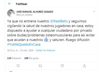 El gesto del médico del Betis para no saturar los hospitales