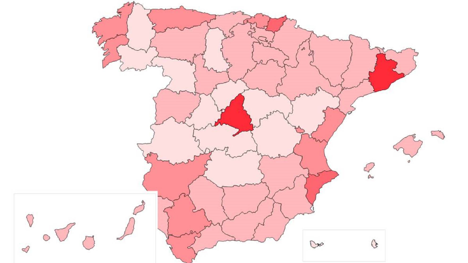 Mapa de España con las provincias con más clubes en Primera.