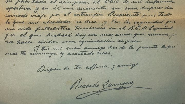 La carta en que Zamora reniega del Barcelona y se declara al Espanyol