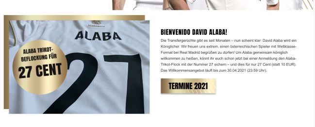 La empresa que organiza los campus del Madrid en Austria ofrece la camiseta del Real Madrid con el nombre de Alaba. Incluso le da la bienvenida...