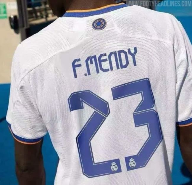 El 23 de Mendy con la tipografía que el Madrid llevará en sus dorsales en Champions, Copa y Supercopa la temporada 2021-2022.