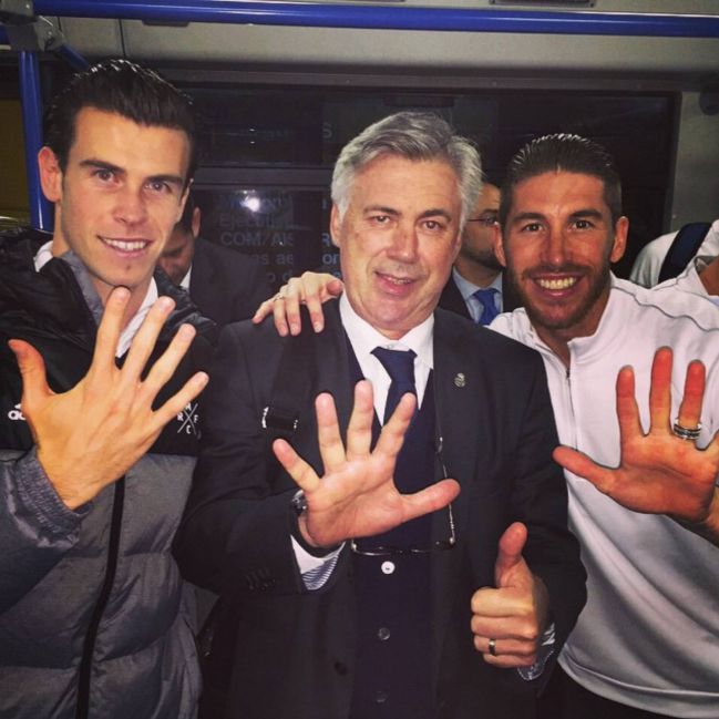 Bale, Ancelotti y Ramos.