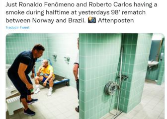 Ronaldo and Roberto Carlos sneak off for a crafty fag in Oslo